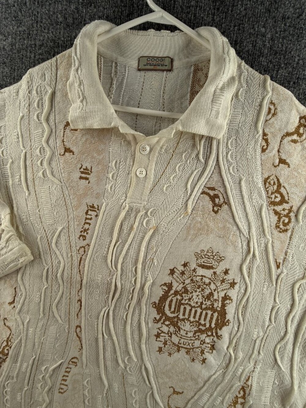 Coogi 5XL Graphic Knit Y2K Short Sleeve Pullover Sweater Gold White Logos Men
